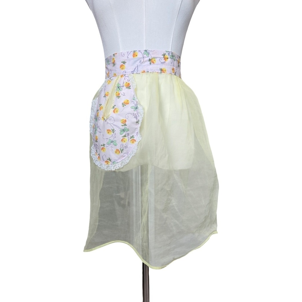 Vintage 60s 70s Sheer Yellow Half Apron Floral Pocket Lace Trim Retro Kitchen